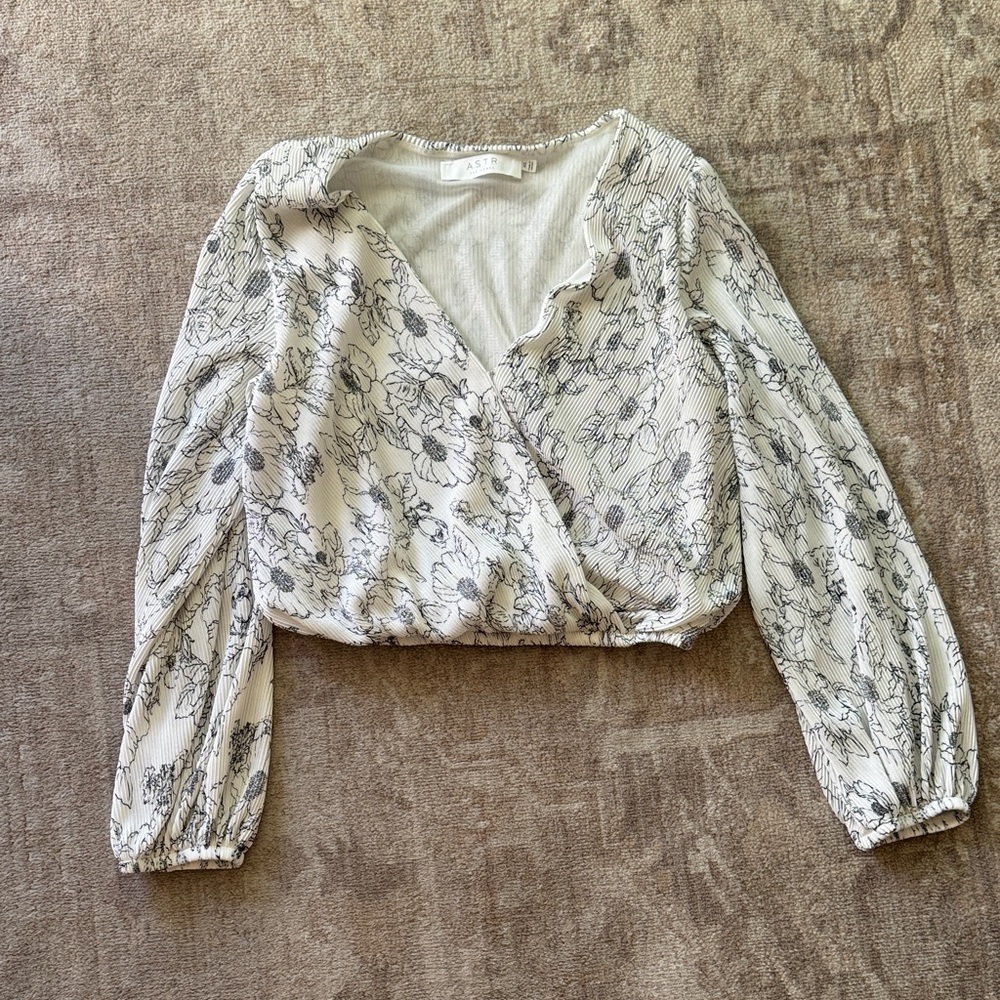 Astr Floral Faux Wrap Blouse - Cream and Black